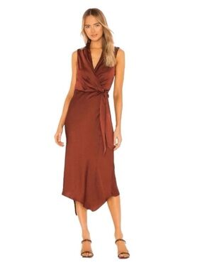 Veronica Beard Briony Wrap-Front Midi Dress with Side Tie in Rust Brown